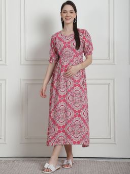 Secret Wish - Geometric Print Pink Rayon Maternity Nightdress
