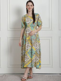 Secret Wish - Geometric Print Yellow Rayon Maternity Nightdress