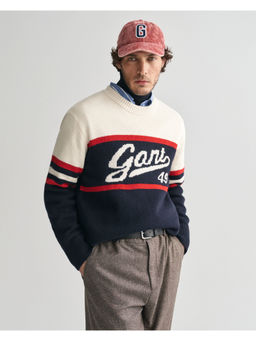 GANT - Men Navy Blue Colorblocked Round Neck Full Sleeves Sweater