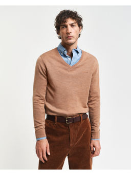 GANT - Men Beige Solid V-Neck Full Sleeves Sweater