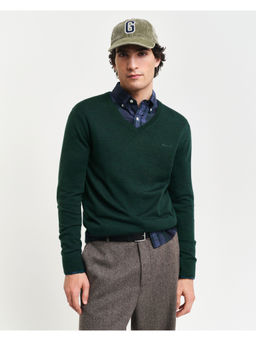 GANT - Men Green Solid V-Neck Full Sleeves Sweater