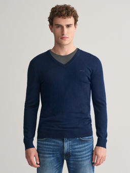 GANT - Men Blue Solid V-Neck Full Sleeves Sweater