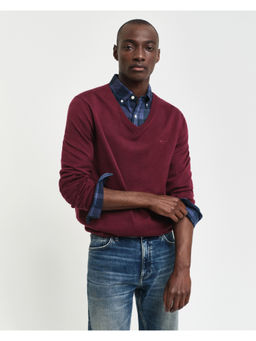 GANT - Men Wine Solid V-Neck Full Sleeves Sweater