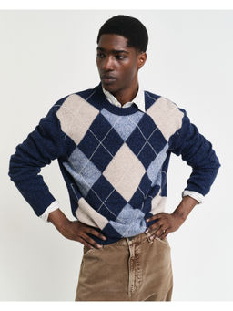 GANT - Men Blue Checked Round Neck Full Sleeves Sweater