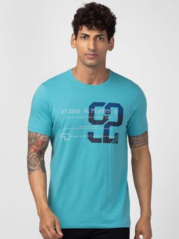 Spykar - Turquoise Round Neck Half Sleeves Blended T-Shirt For Men
