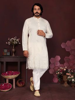 Vedant Vastram - Men Cream Embroidered Mirror Work Premium Cotton Silk Kurta