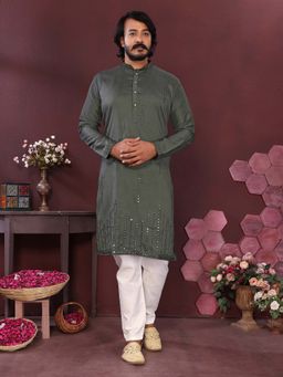 Vedant Vastram - Men Olive Embroidered Mirror Work Premium Cotton Silk Kurta