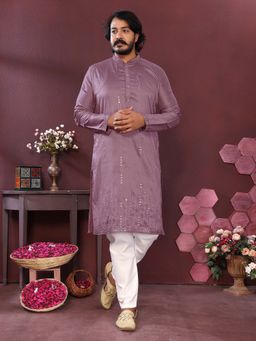 Vedant Vastram - Men Purple Embroidered Mirror Work Premium Cotton Silk Kurta