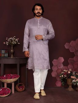 Vedant Vastram - Men Lavender Embroidered Sequined Work Premium Smart Silk Kurta