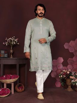 Vedant Vastram - Men Green Embroidered Sequined Work Premium Smart Silk Kurta