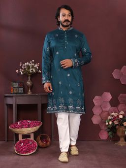Vedant Vastram - Men Teal Embroidered Sequined Work Premium Smart Silk Kurta