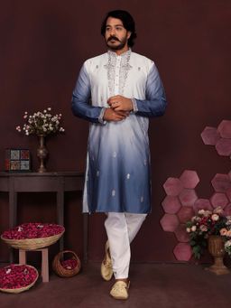 Vedant Vastram - Men Blue Embroidered Mirror Work Premium Cotton Silk Kurta