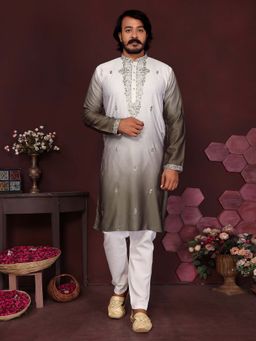 Vedant Vastram - Men Grey Embroidered Mirror Work Premium Cotton Silk Kurta