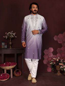 Vedant Vastram - Men Purple Embroidered Mirror Work Premium Cotton Silk Kurta