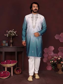 Vedant Vastram - Men Teal Embroidered Mirror Work Premium Cotton Silk Kurta