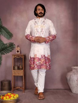 Vedant Vastram - Men Cream Embroidered Digital Printed Work Kurta