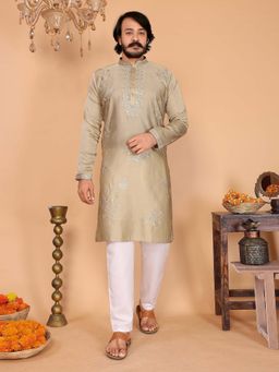Vedant Vastram - Men Beige Embroidered Mirror Work Viscose Kurta