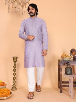 Vedant Vastram - Men Lavender Embroidered Mirror Work Viscose Kurta