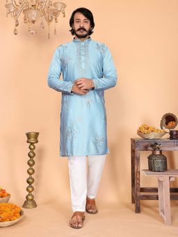 Vedant Vastram - Men Aqua Embroidered Mirror Work Viscose Kurta