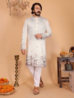 Vedant Vastram - Men Off White Embroidered Sequined Work Cotton Linen Kurta