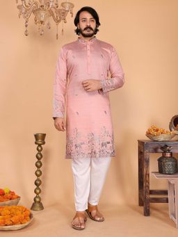 Vedant Vastram - Men Peach Embroidered Sequined Work Cotton Linen Kurta
