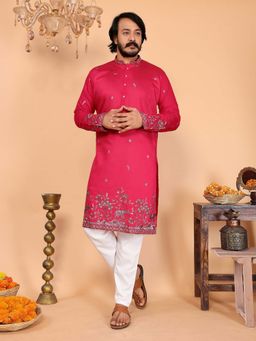 Vedant Vastram - Men Pink Embroidered Sequined Work Cotton Linen Kurta