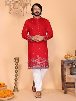 Vedant Vastram - Men Red Embroidered Sequined Work Cotton Linen Kurta