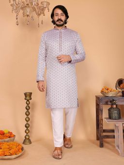 Vedant Vastram - Men Lavender Jacquard Woven Work Soft Silk Kurta