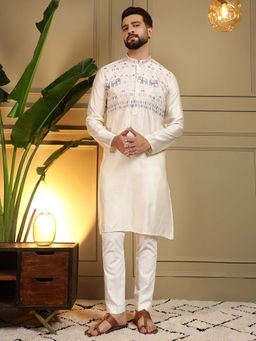 Vedant Vastram - Men Cream Floral Embroidered Viscose Blend Kurta