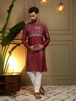 Vedant Vastram - Men Maroon Floral Embroidered Viscose Blend Kurta