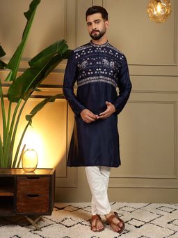 Vedant Vastram - Men Navy Blue Floral Embroidered Viscose Blend Kurta