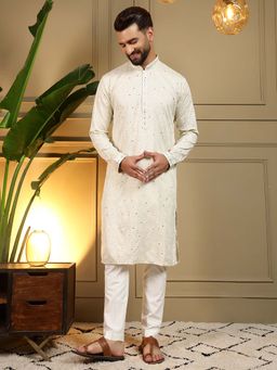 Vedant Vastram - Men Off White Embroidered Mirror Work Khadi Kurta