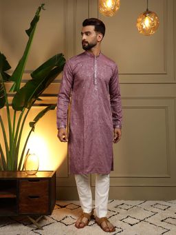 Vedant Vastram - Men Purple Embroidered Mirror Work Khadi Kurta