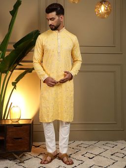 Vedant Vastram - Men Yellow Embroidered Mirror Work Khadi Kurta