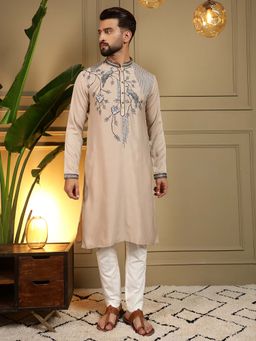Vedant Vastram - Men Beige Embroidered Thread Work Viscose Blend Kurta