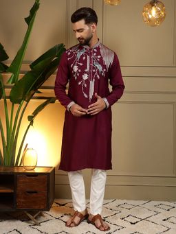 Vedant Vastram - Men Maroon Embroidered Thread Work Viscose Blend Kurta