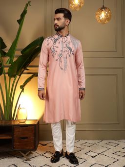Vedant Vastram - Men Peach Embroidered Thread Work Viscose Blend Kurta