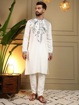 Vedant Vastram - Men White Embroidered Thread Work Viscose Blend Kurta