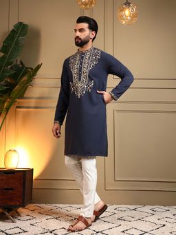 Vedant Vastram - Men Navy Blue Floral Embroidered Work Armani Silk Kurta