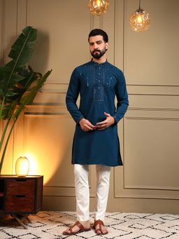 Vedant Vastram - Men Navy Blue Embroidered Mirror Work Armani Silk Kurta