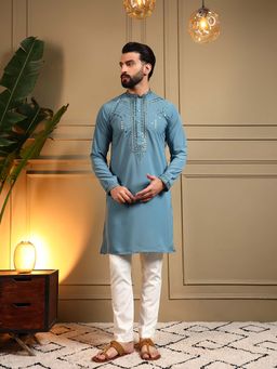 Vedant Vastram - Men Blue Embroidered Mirror Work Armani Silk Kurta