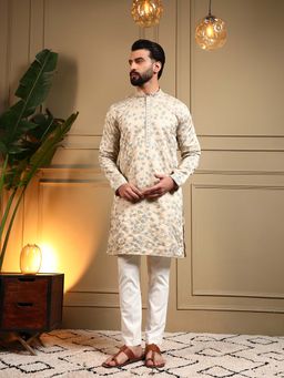 Vedant Vastram - Men Beige Embroidered Sequined Work Royal Silk Kurta