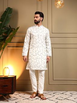 Vedant Vastram - Men Off White Embroidered Sequined Work Royal Silk Kurta
