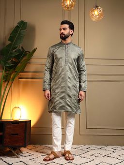 Vedant Vastram - Men Olive Embroidered Royal Silk Kurta