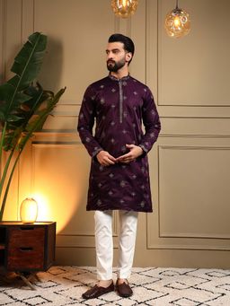Vedant Vastram - Men Wine Embroidered Royal Silk Kurta
