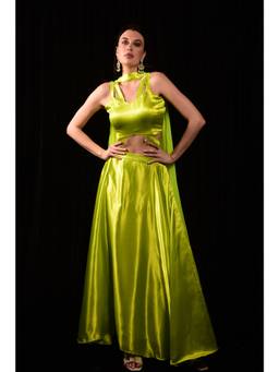 LAALZARI - Neon Green Lehenga with Blouse and Neck Band Dupatta (Set of 3)