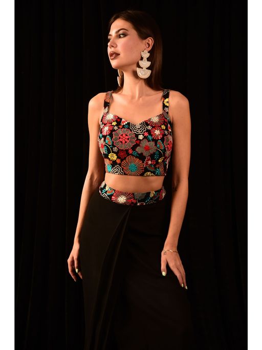Buy LAALZARI Floral Black Crop Top with Wrap Lehenga and Shrug