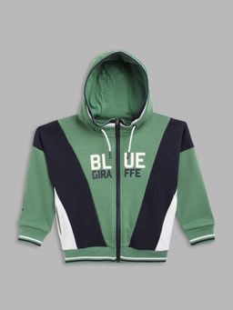 Blue Giraffe - Boys Green Color-Blocked Hooded Full Sleeves Zip Through Hoodies