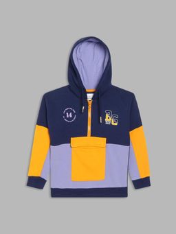 Blue Giraffe - Boys Blue Color-Blocked Hooded Full Sleeves Pullover Style Hoodies