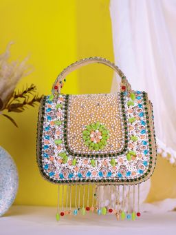 SWISNI - Yellow Embroidered Flap Clutch Bag